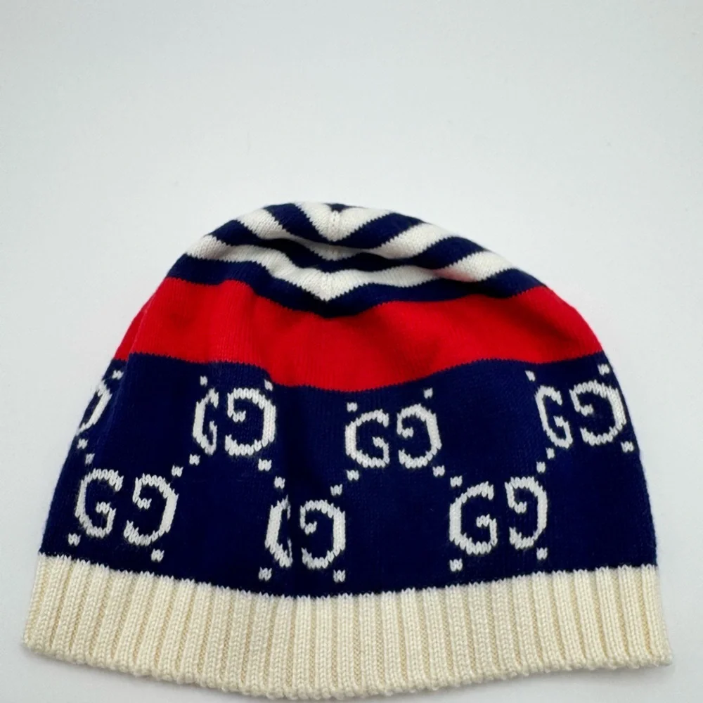 Gucci Cream Navy & Red GG Knit Beanie baby medium